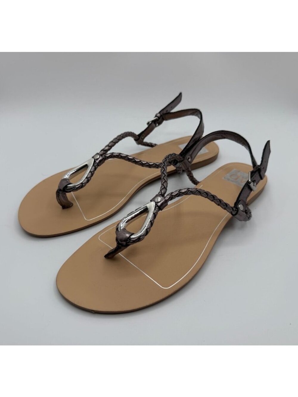 Dolce Vita Devah Flats Thong Braided Sandals Metallic Pewter Women Size 10